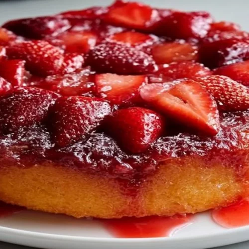 entrée Delicious strawberry upside down cake topped with fresh strawberries
